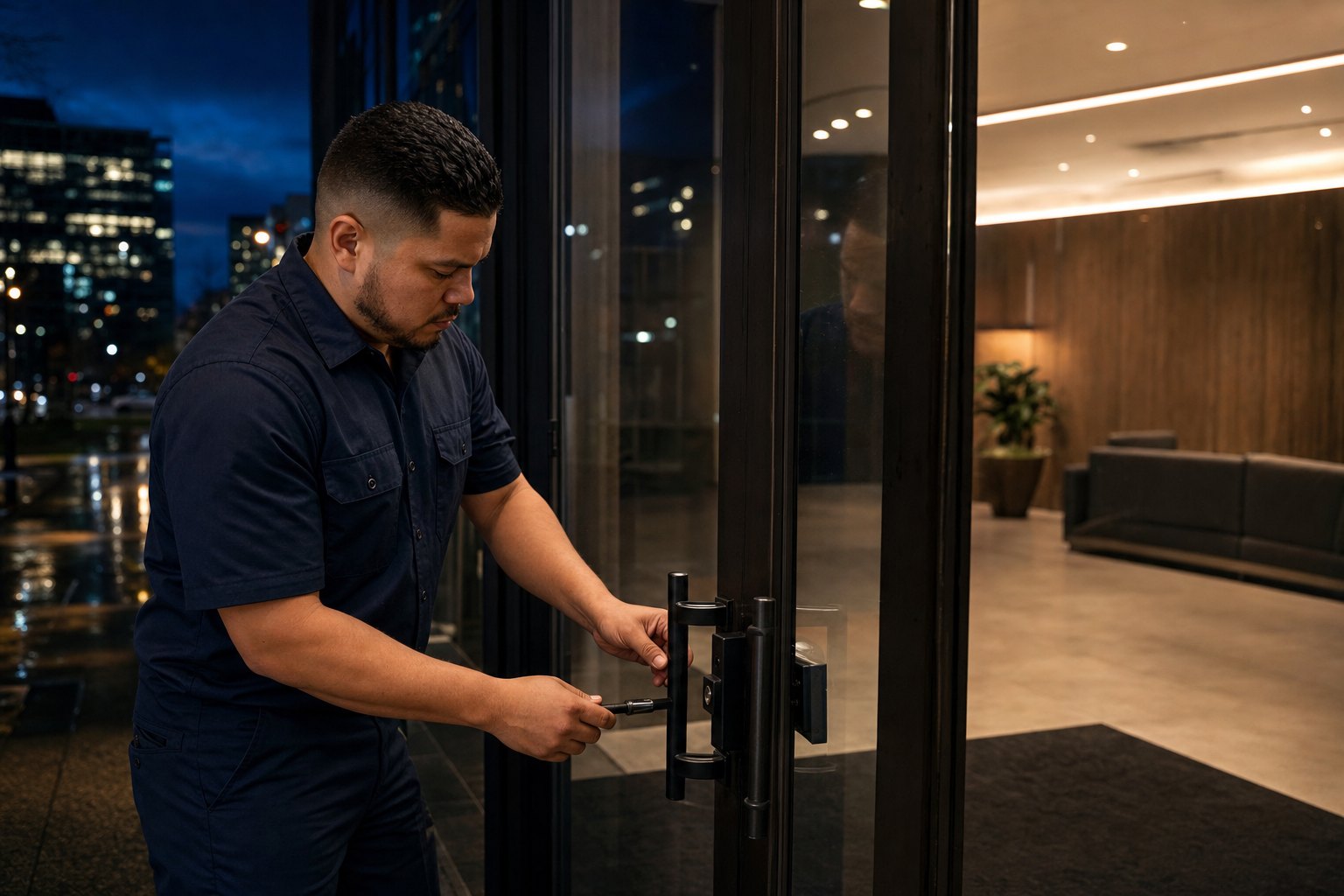 A Lanternwick crew lead locking a glass front door at night