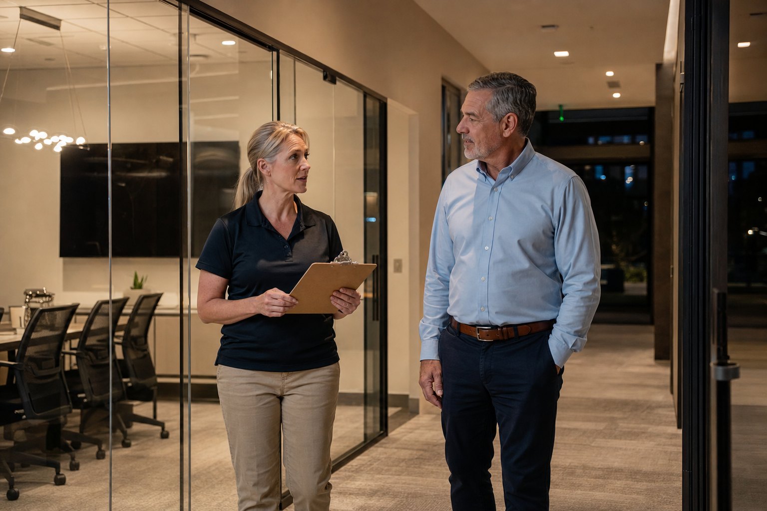Celestine walking an office with a building manager during a walkthrough
