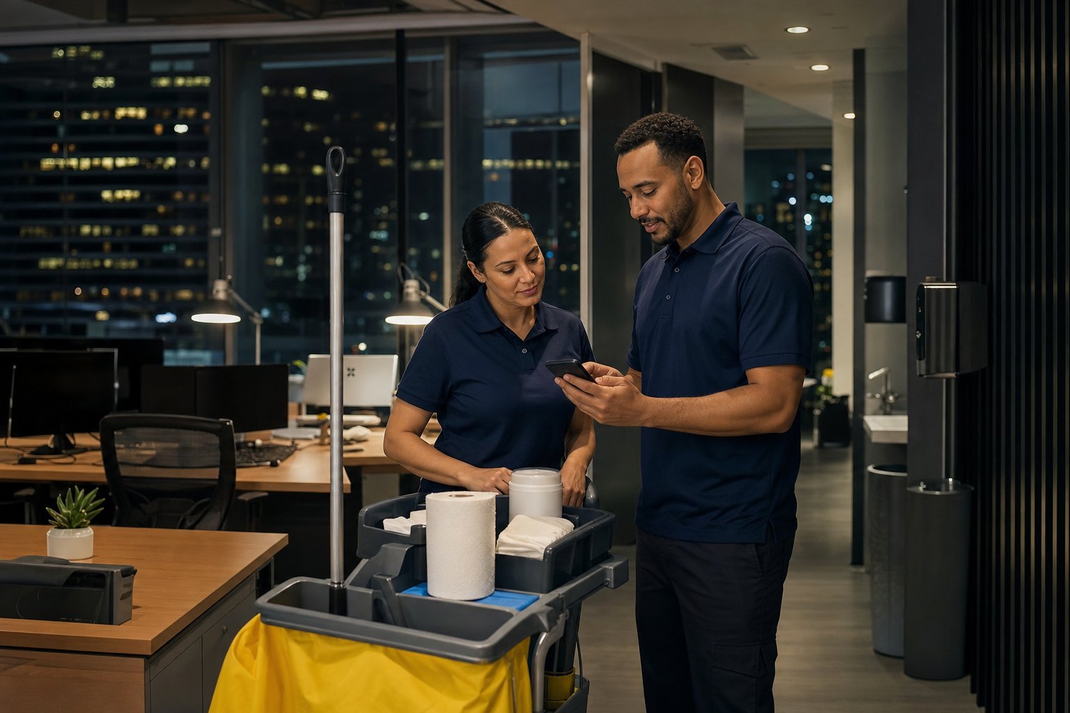 Commercial cleaning team coordinating their night shift in an office