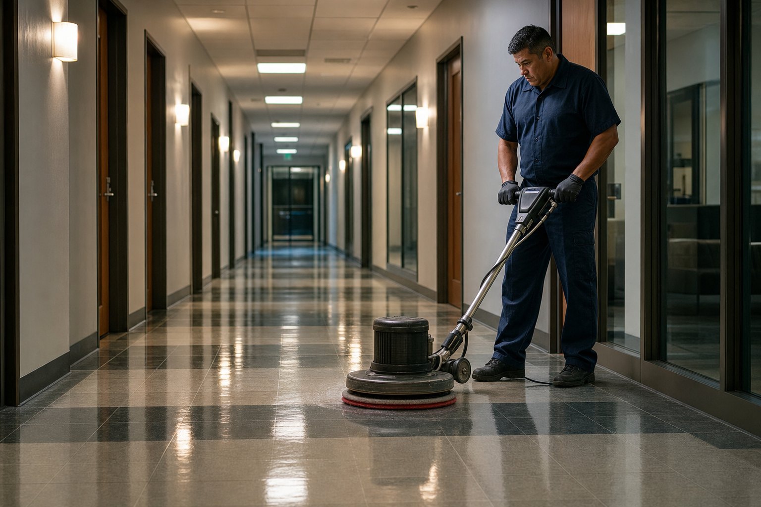Floor care technician working in a commercial hallway