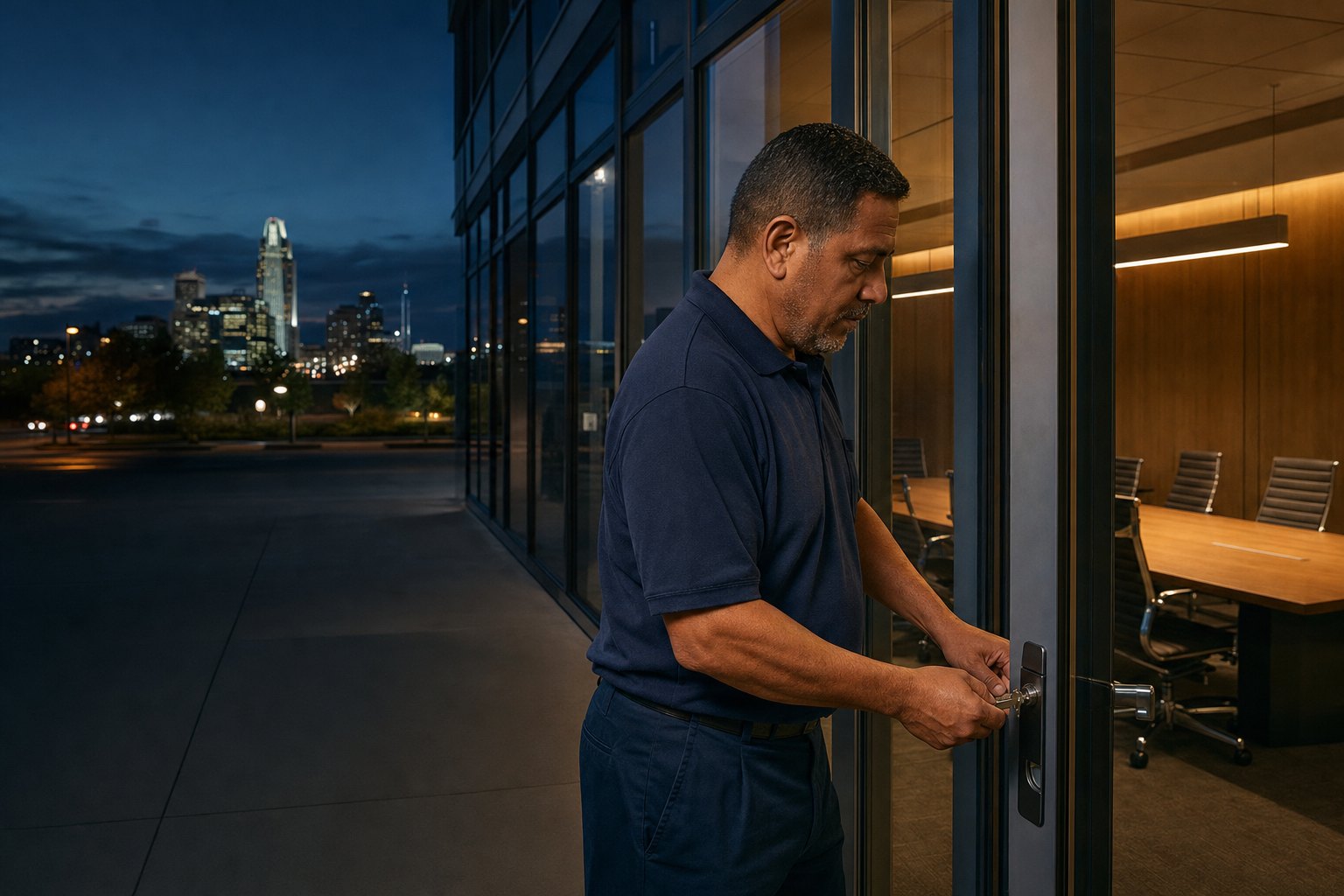 Commercial cleaning crew lead locking a glass office entrance after dark