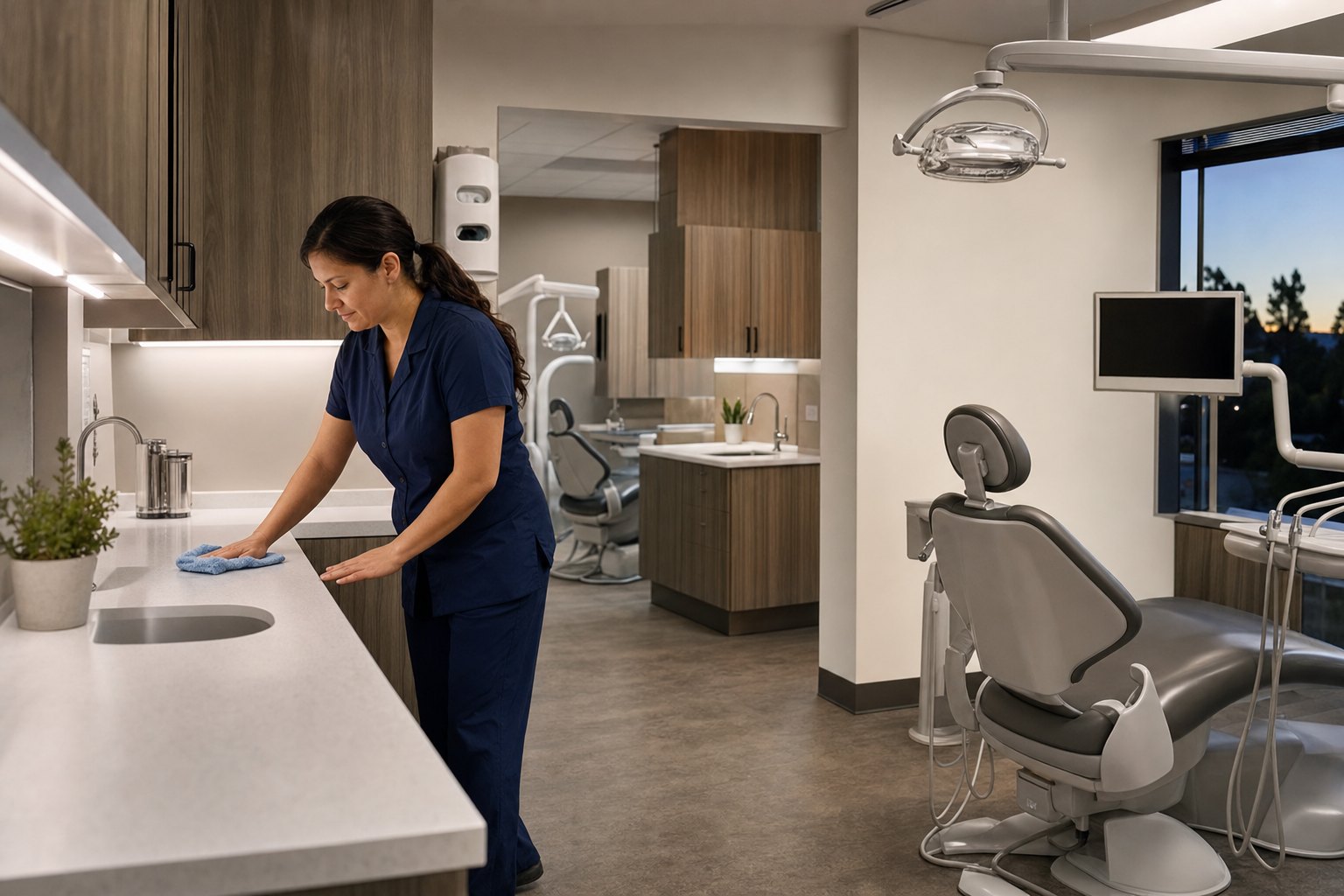 Professional cleaner disinfecting a dental office after closing