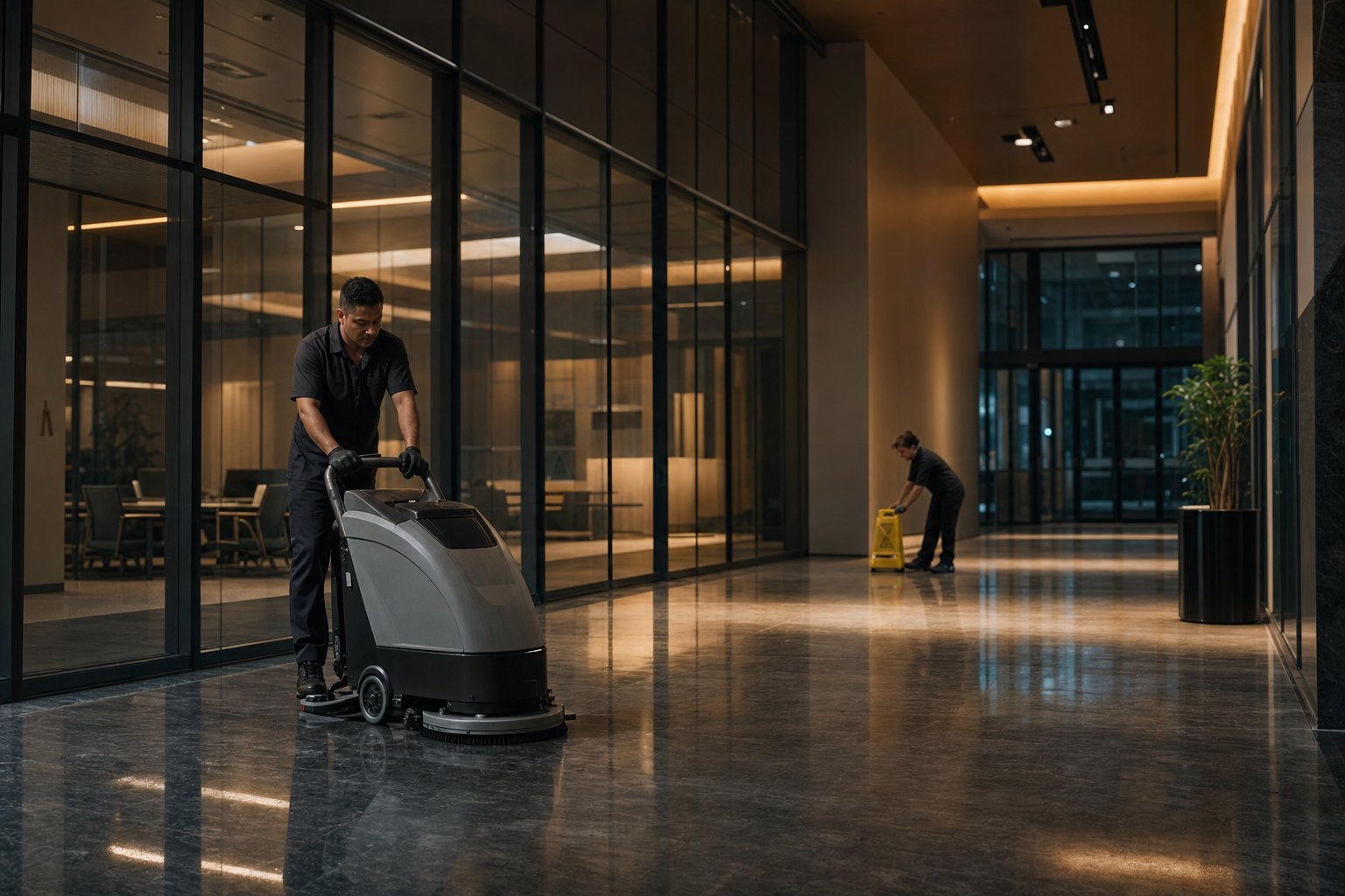 Commercial cleaning crew working in a quiet office lobby after hours